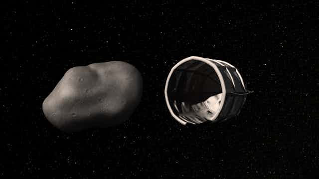 A 3D rendering  of a spacecraft preparing to capture an asteroid