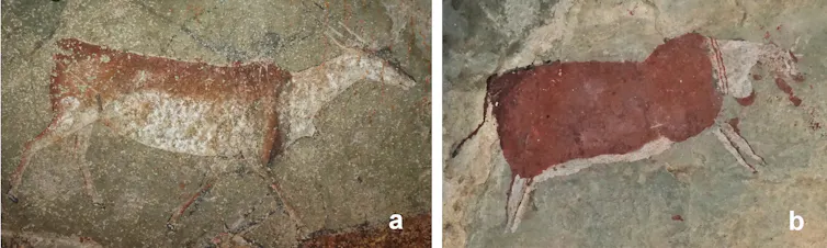 Two images of antelope painted on rock surface