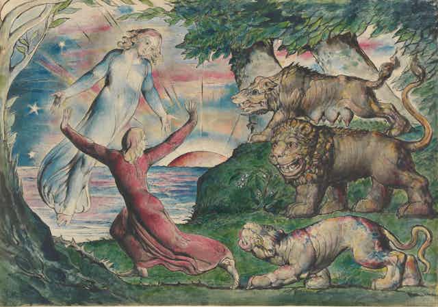 Dante shown in a red dress running from the three beasts.