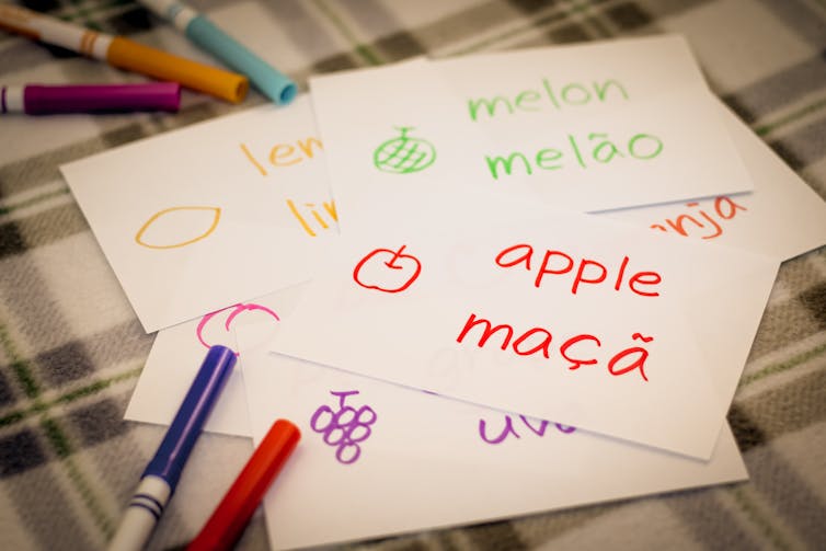 Cards with words in Portuguese and English: