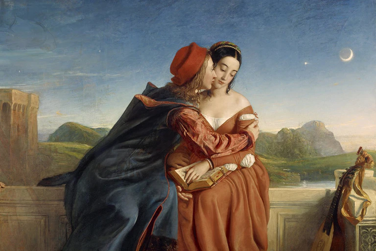 Paolo leans in to kiss the cheek of Francesca. He wears a red hat and she a red dress. The moon is rising in the sky behind them.