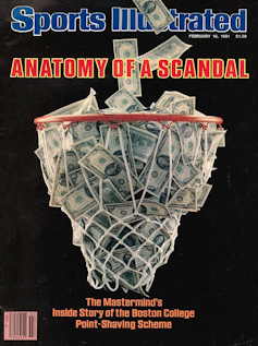 Magazine cover with a basketball hoop filled with dollar bills.