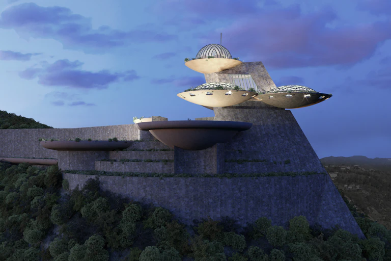 A 3D model of futuristic-looking house on top of a stone platform on a wooded hillside.