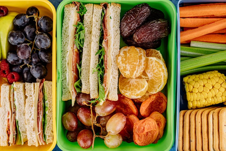 School lunchboxes packed withs sandwiches, fresh fruit and dried fruit.