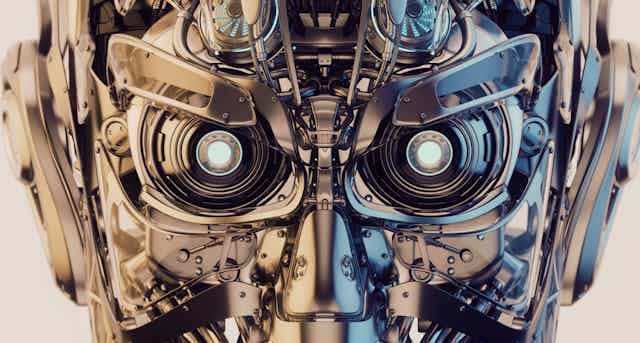 A conceptual 3D artwork of a humanoid robot staring at the camera