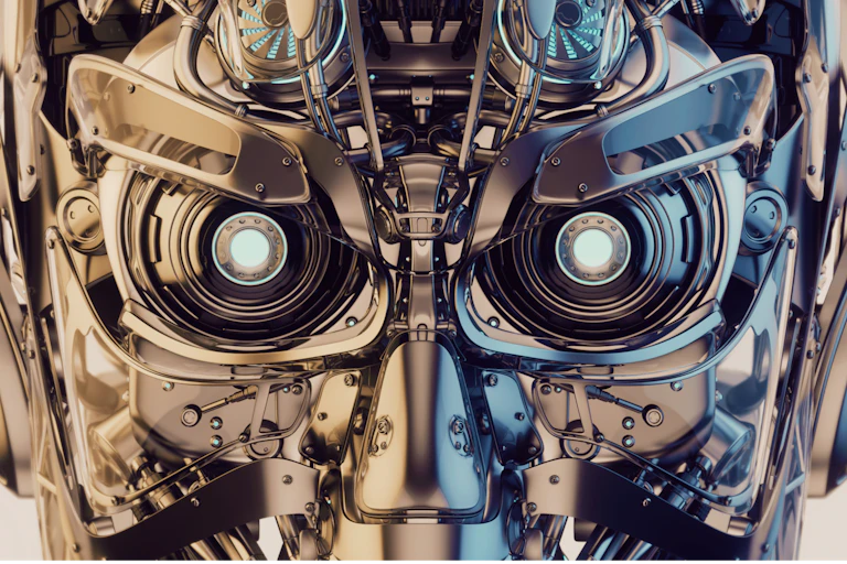 A conceptual 3D artwork of a humanoid robot staring at the camera