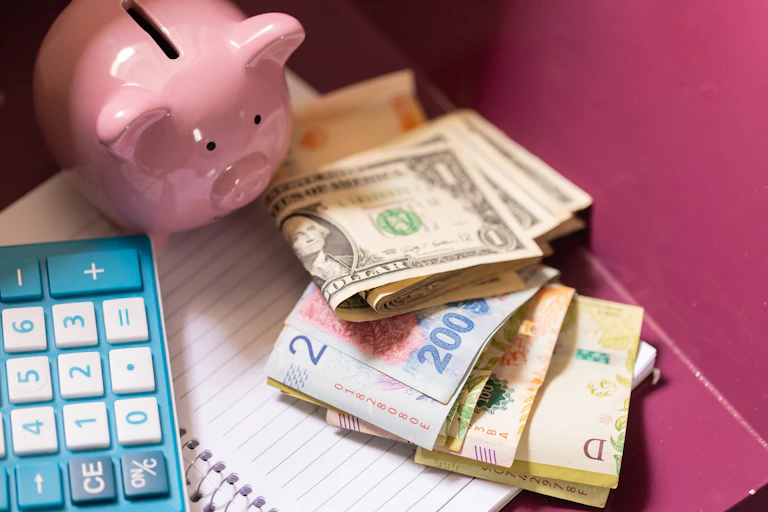 Tirelire avec billets en peso argentin et dollar américain
