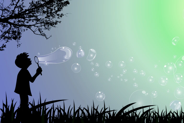 Illustration d'un enfant faisant des bulles de savon.