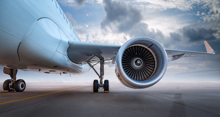 A front view of the wing of a commercial plane.