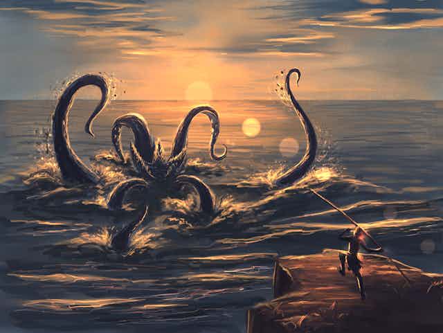 Kraken mythical sea monster being attacked by human with spear