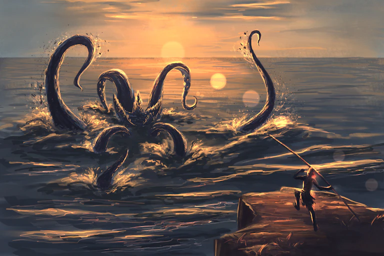 Kraken mythical sea monster being attacked by human with spear