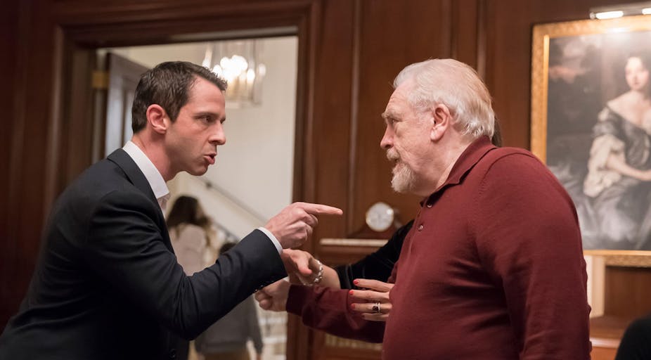 Jeremy Strong and Brian Cox in a scene from the ©HBO TV show Succession. Actors fighting, family business, Succession TV show.