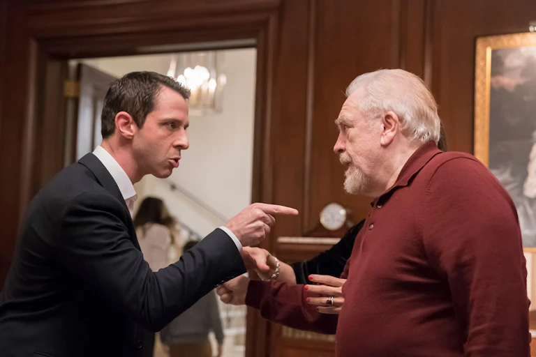 Jeremy Strong and Brian Cox in a scene from the ©HBO TV show Succession. Actors fighting, family business, Succession TV show.