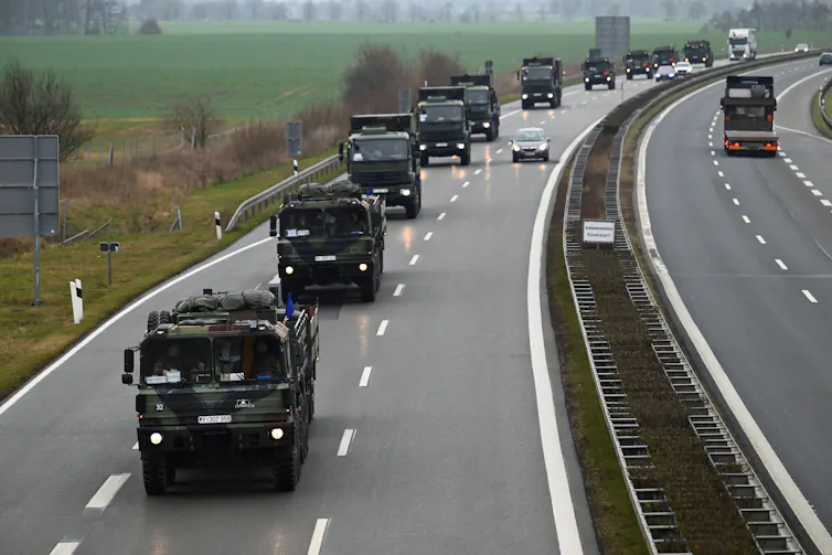 Trucks loaded with Patriot air defence systems in convoy