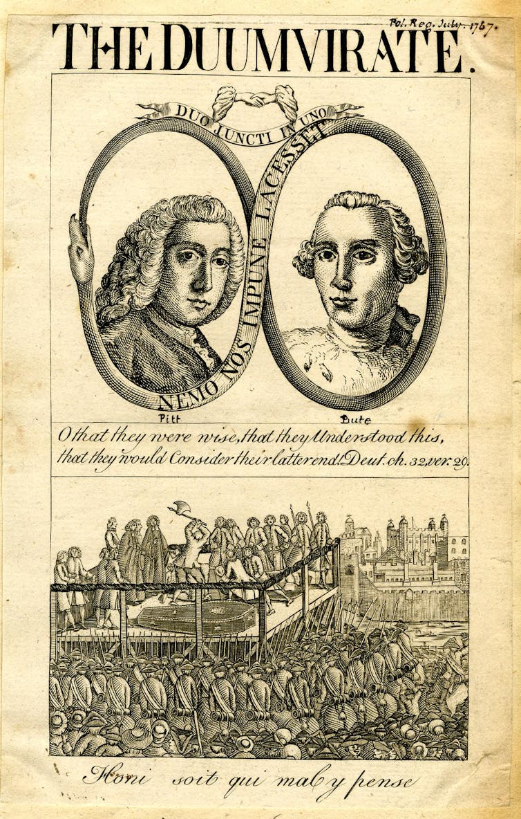 An 18th-century print from a satirical journal depicting two portraits above an engraved scene.