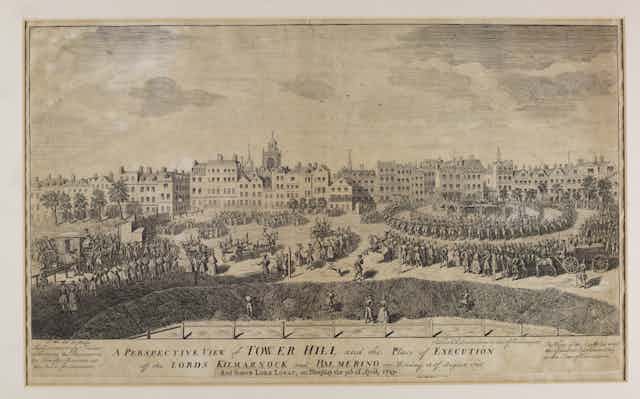 A historic etching depicting a cityscape with crowds.