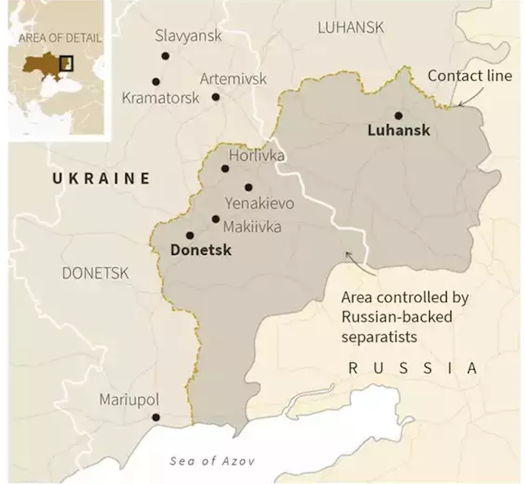 Map of Donbas showing major towns and cities.