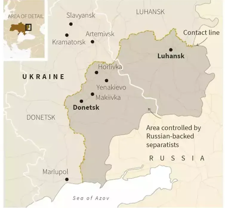 Map of Donbas showing major towns and cities.