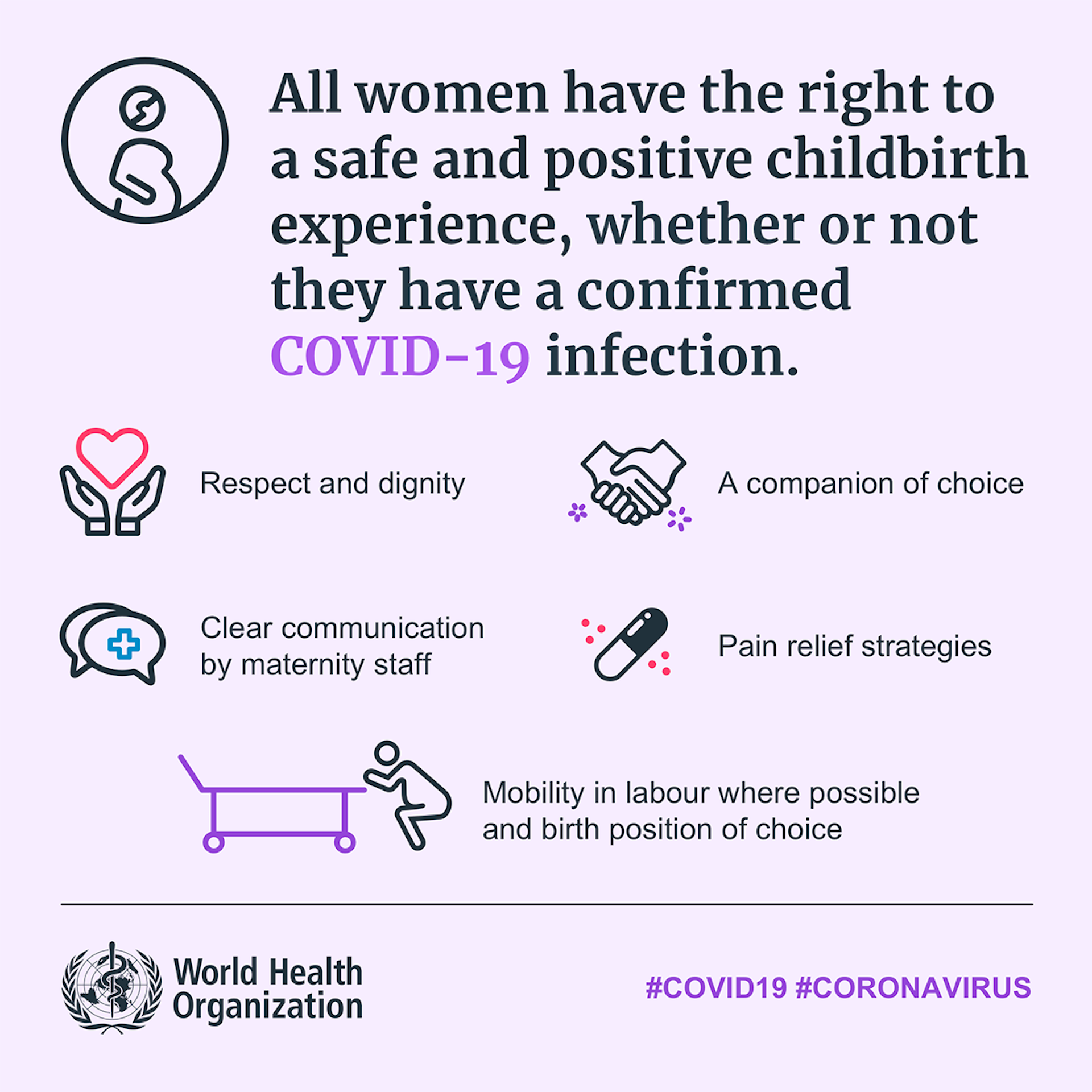 Recommandations de l’Organisation mondiale de la santé. Toutes les femmes ont le droit de vivre une expérience d’accouchement sûre et positive, qu’elles aient ou non une infection confirmée au Covid-19. Cela comprend : d’être traitée avec respect et digni