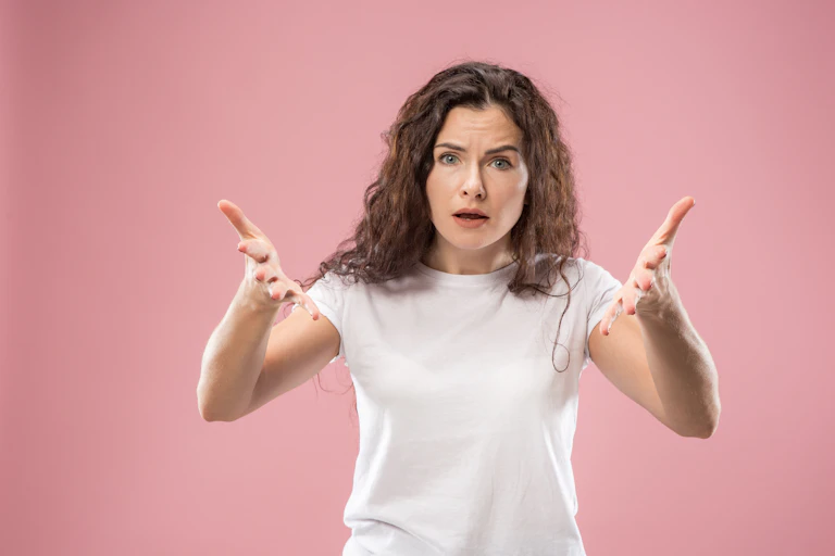 Woman gestures emphatically