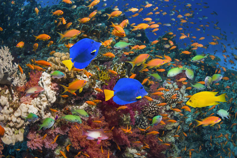 Vibrant coral reef packed with a wide array of brightly colored fishes.
