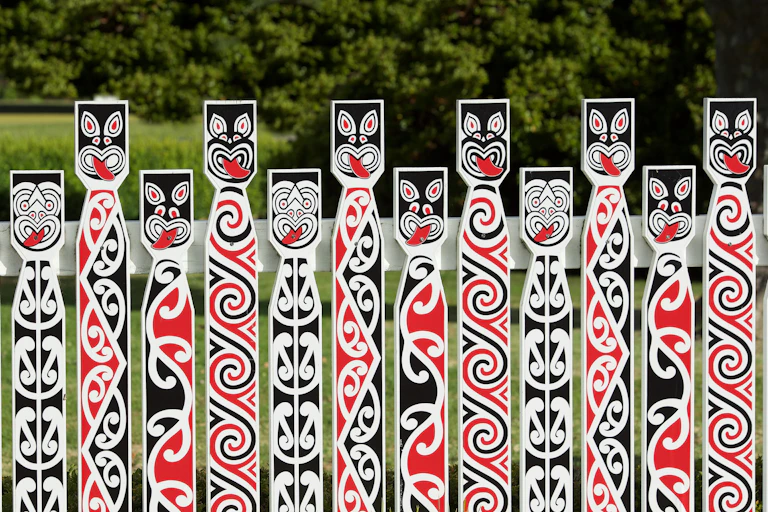 Traditional Maori carving at Whakarewarewa marae (meeting ground) in Rotorua, New Zealand.
