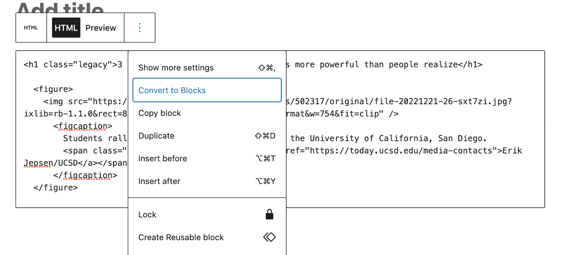 Screenshot showing how to convert Custom HTML into standard blocks