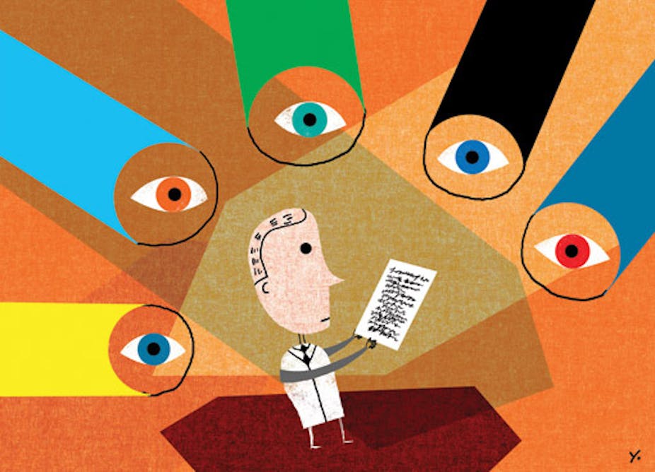 Peer review: an abstract painting of five eyes staring a person reading a page