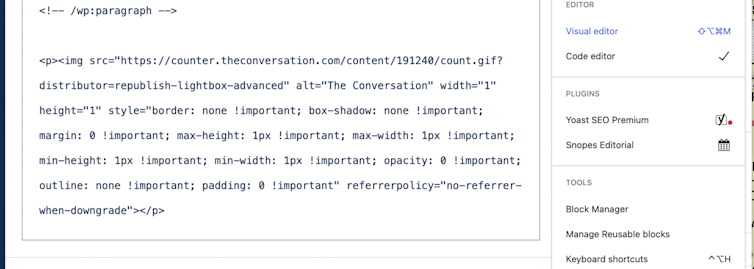 Screenshot of WordPress code mode