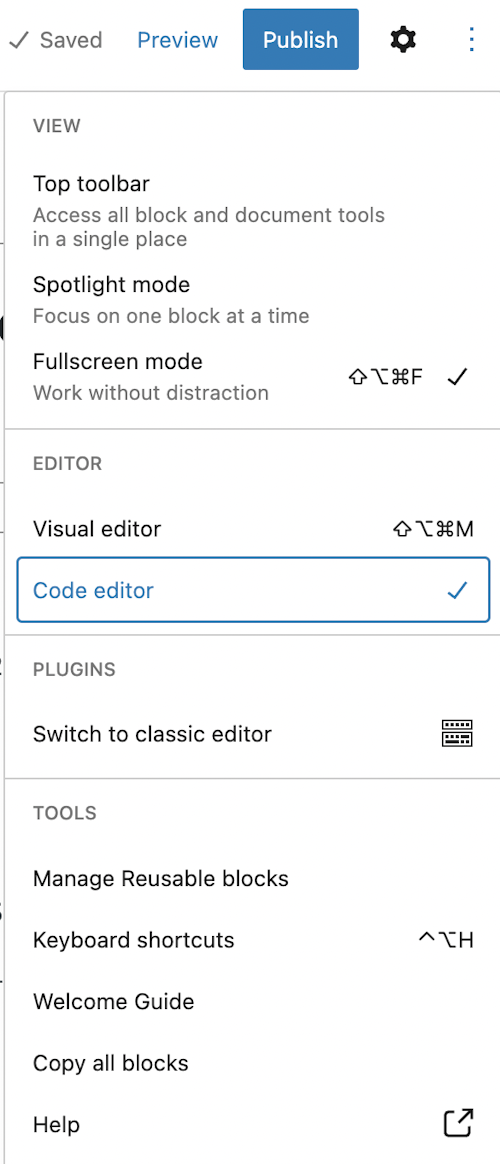 Screenshot of the settings menu showing Code editor selected