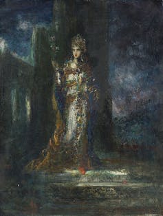 A painting of a woman wearing glittering jewels and a crown against a dark background.