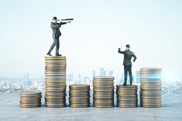 Business people, suits, with telescope standing on golden coins on city background.