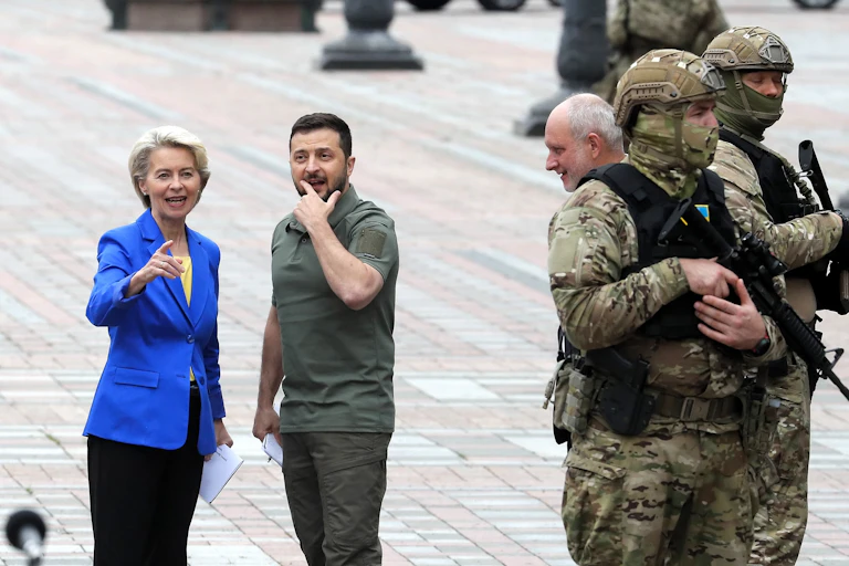 European Commission President Ursula von der Leyen with Ukrainian president Volodymyr Zelensky in Kyiv.