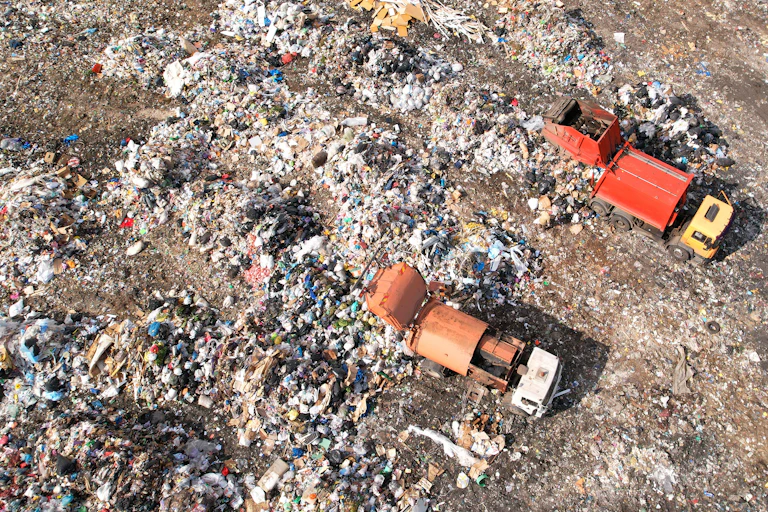 An aerial view of a landfill site with coloured dump trucks.