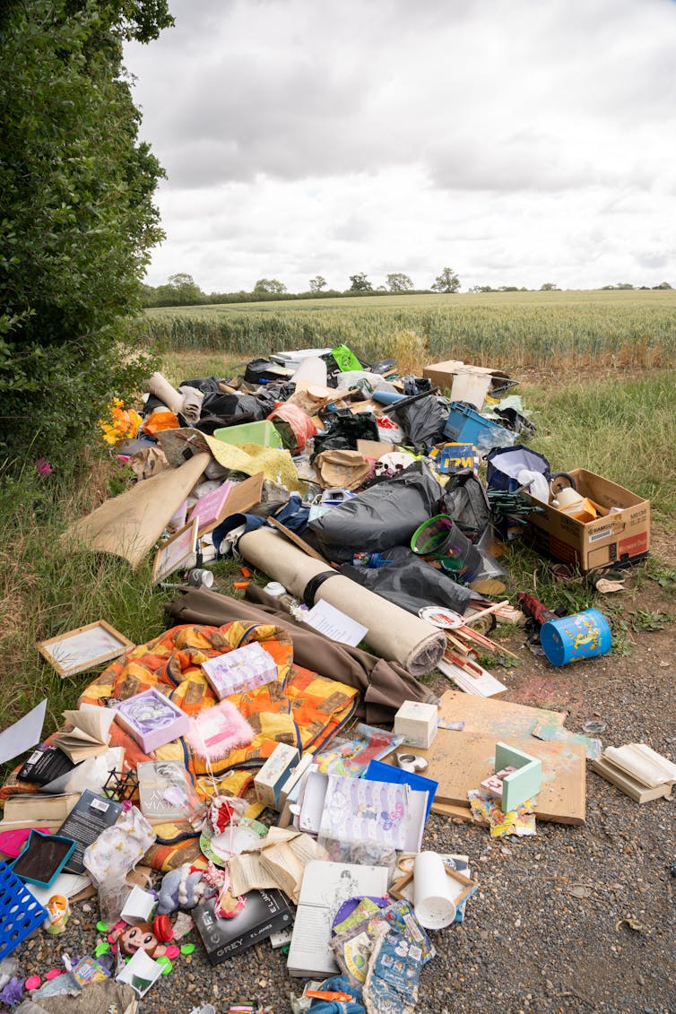 Household refuse in a pile on a country lane.