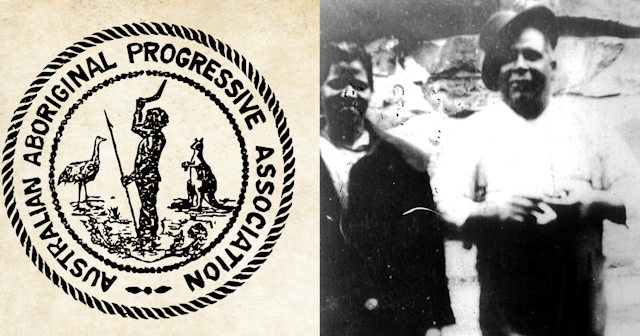An image with the logo of the Australian Aboriginal Progressive Association on the right and a photo of its founder, Fred Maynard, on the right.
