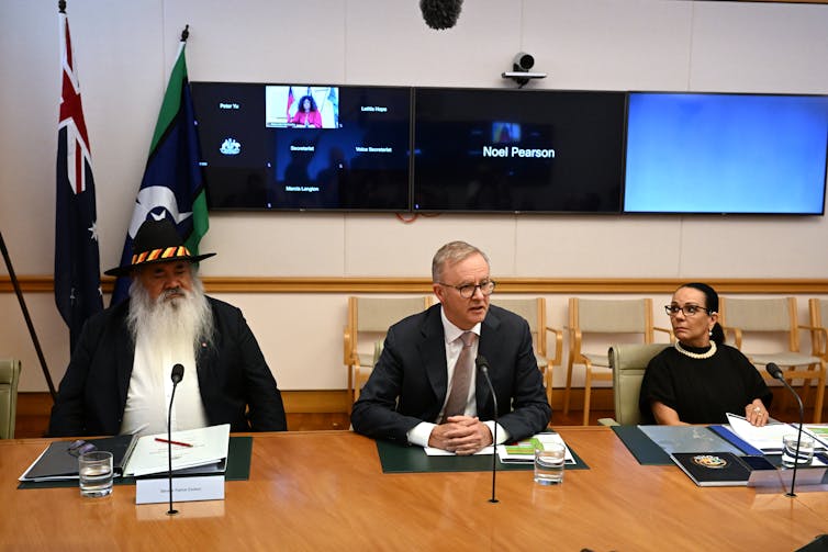 Prime Minister Anthony Albanese, Pat Dodson and Linda Burney at a meeting of the referendum working group.