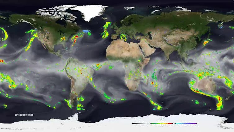 A world map showing long storms going generally north-south in many parts of the world.