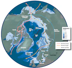 Map of the Arctic including sea routes