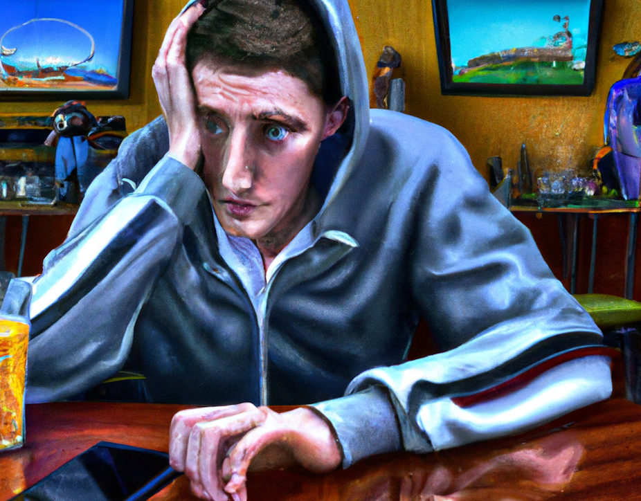 Painting of young man in a sports bar wearing a sweatshirt looking dejected.