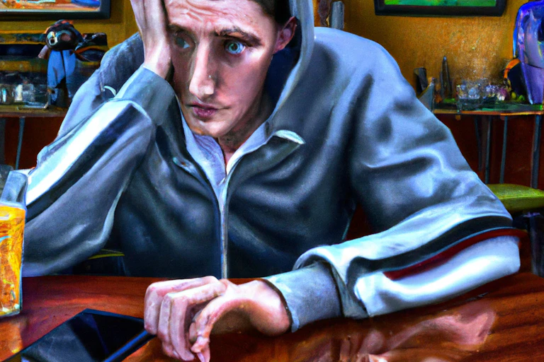 Painting of young man in a sports bar wearing a sweatshirt looking dejected.