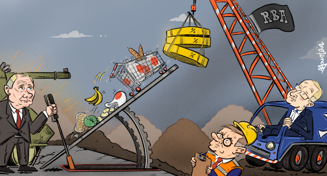 A cartoon of Vladimir Puntin using a mechanical tilt to make a shopping trolley of goods ever steeper – Phlilp Low is in a crane with the RBA sign on it, trying to weigh it back down.
