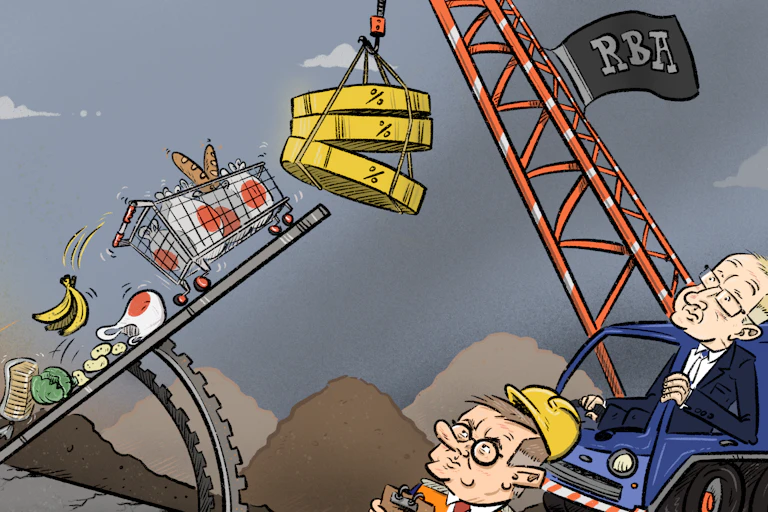 A cartoon of Vladimir Puntin using a mechanical tilt to make a shopping trolley of goods ever steeper – Phlilp Low is in a crane with the RBA sign on it, trying to weigh it back down.