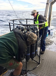 Two men collect oceanic water samples for microbial analysis.
