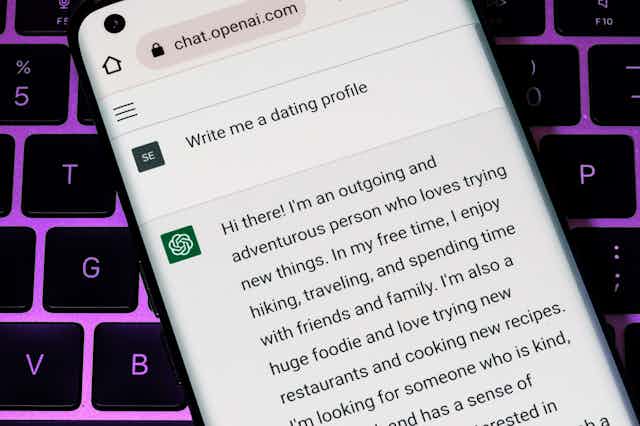 A smartphone screen shows the ChatGPT tool, with a response to the prompt: "Write me a dating profile"