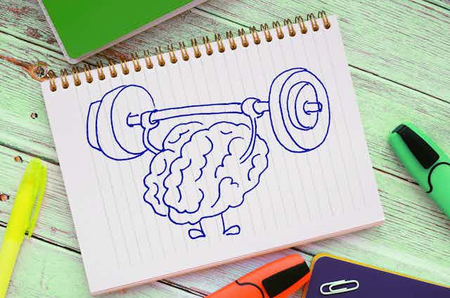 Ilustración en cuaderno de cerebro levantando unas pesas.