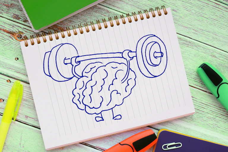 Ilustración en cuaderno de cerebro levantando unas pesas.
