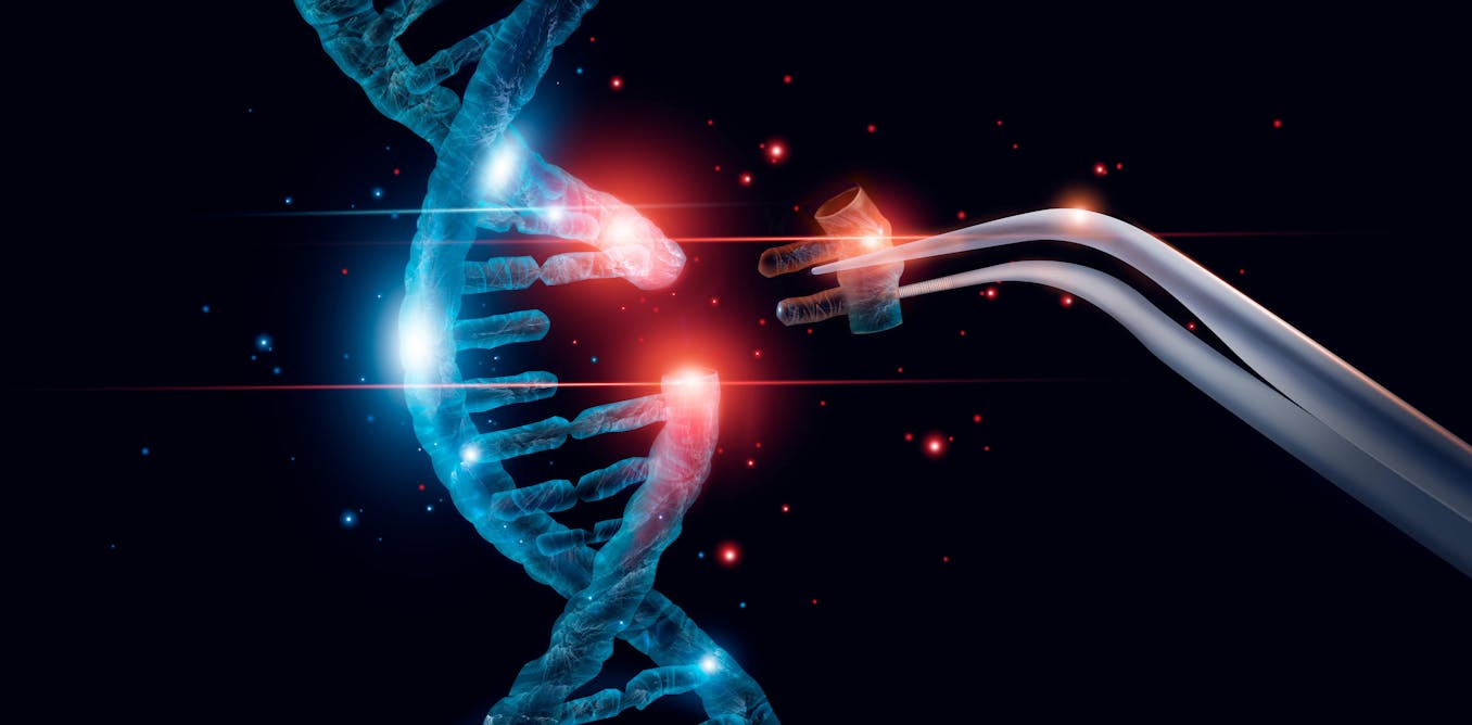 A digital illustration of a DNA strand being edited with a glowing section, resembling gene editing tools like CRISPR. The background is dark with scattered luminous particles.