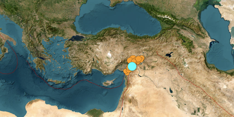 satellite photo and location of multiple earthquakes that have struck Turkey and Syria