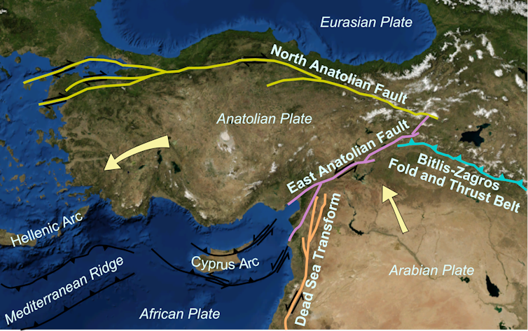 Map of tectonic plate movements around Turkey
